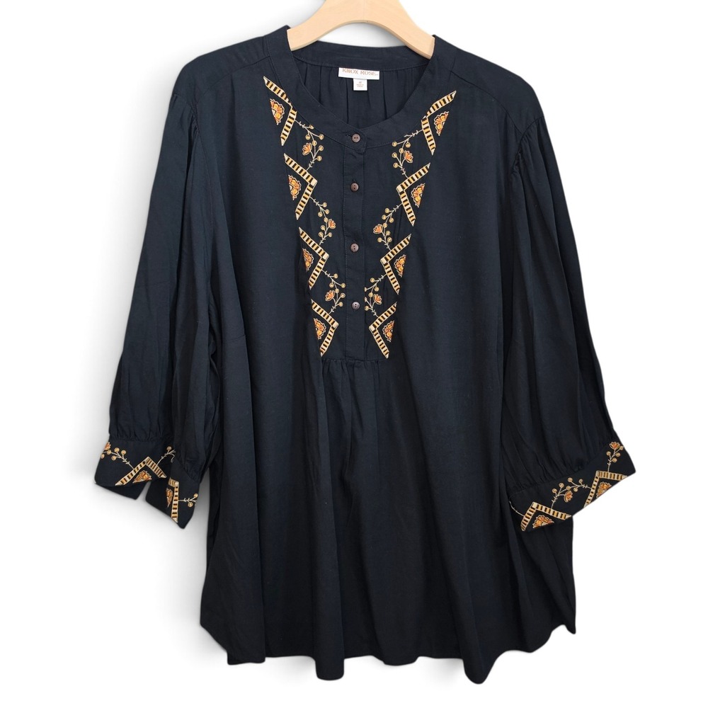 Knox Rose Blouse Womens 4X Black Embroidered Peasant Top Boho Tunic 3/4 Sleeve